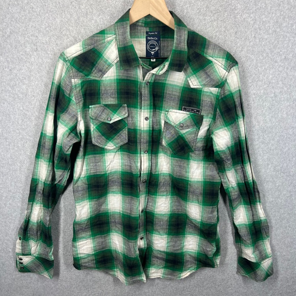 Diesel Western Shirt Mens‎ M Green Plaid Snap Button Long Sleeve Regular Fit EUC